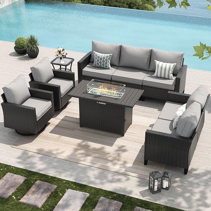 Amopatio Patio Furniture Set, 6-Piece Wicker Outdoor Sectional Sofa with Swivel Rocker Chairs, Rattan Conversation Set with Fire Pit Table and Waterproof Cover for Backyard Black/Light Grey