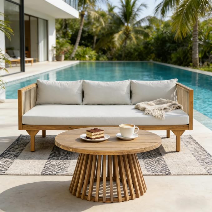 Christopher Knight Home Clarie Patio Sofa and Coffee Table Set, 2 Piece Outdoor Patio Furniture Set with Cushion, Acacia Wood 3 Seater Outdoor Sofa Daybed and Coffee Table Set, Light Gray+Teak