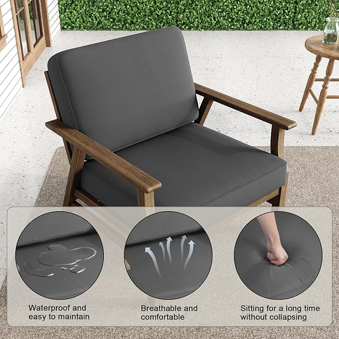 2 Piece Wood Patio Chair Outdoor Bistro Set, Outdoor Armrest Chair All Weather Patio Sofa Furniture Backyard Conversation Sets with Cushions, Dark Gray