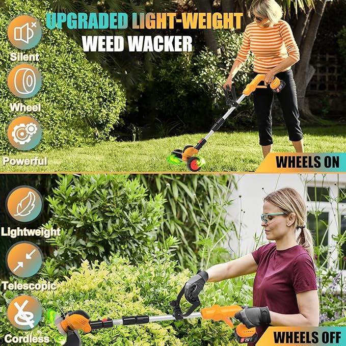 Electric Weed Wacker Cordless Eater Battery Powered, String Trimmer with 21V/4.0Ah Battery Operated & Wheels 3 Types Blades, 3 in 1 Stringless Grass Trimmer/Edger/Brush Cutter for Garden Yard Lawn