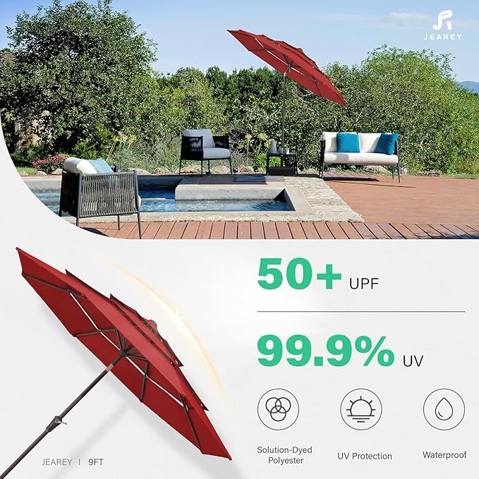 JEAREY 9FT 3 Tier Patio Umbrella Outdoor Market Umbrella Table Umbrellas with 8 Ribs 1.5 Pole Push Button Tilt and Crank UV Protection for Garden,Red