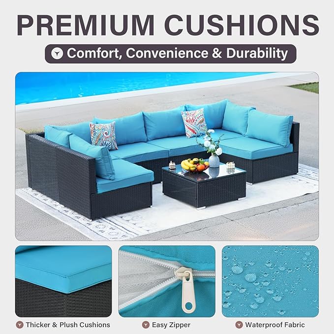 7-Piece Outdoor Patio Furniture Set – Handwoven All-Weather Rattan & 4” Thick Waterproof Cushions, Wicker Outdoor Conversation Sets with Coffee Table for Deck, Backyard, Garden, Black/Blue