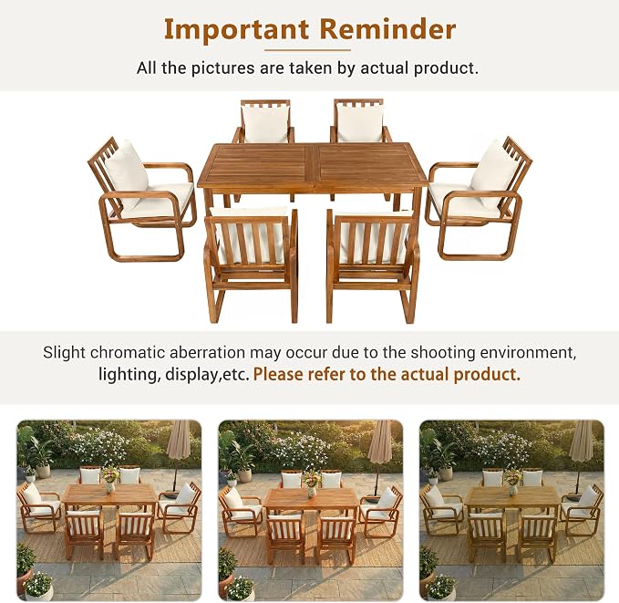 Merax 7-Piece Patio Dining Set, Outdoor Acacia Wood Dining Table and Chairs Set with Cushions for Backyard, Garden, Poolside, Beige