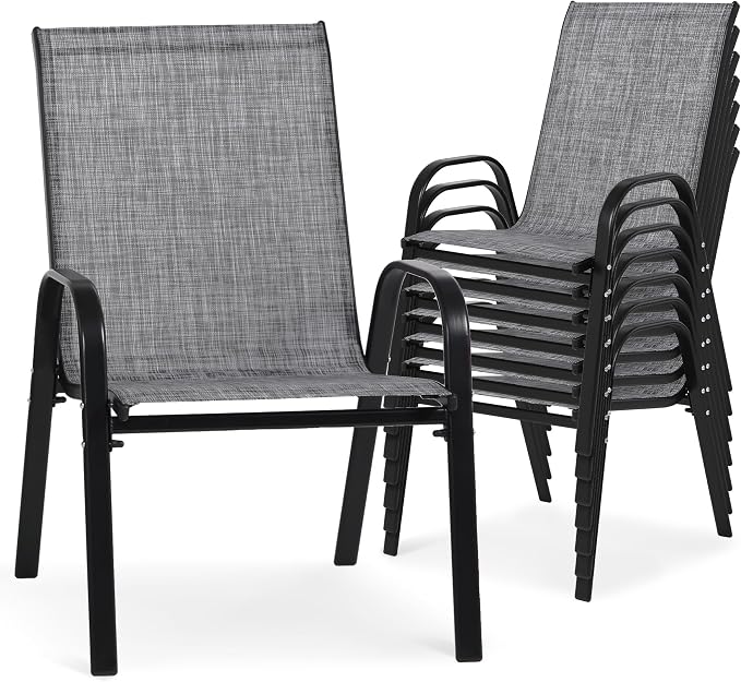 24.4" Wide Outdoor Stackable Chairs Set of 8, Stacking Patio Chairs with Textilene Fabric, Outside Furniture for Garden Backyard Balconie Poolside Deck, Grey