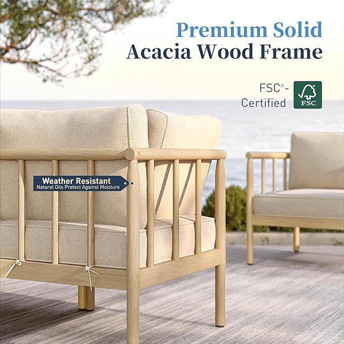SUNSHINE VALLEY Patio Furniture,Acacia Wood Outdoor Sectional Sofa with 5.5" Ultra-Thick Cushions,L/U Shaped Modular Patio Conversation Set,Lawn Garden Backyard Couch Set with Nesting Tables,Beige