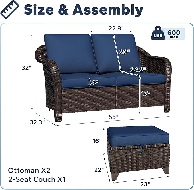 3 Pieces Patio sectional Sofa Set, Outdoor Conversation Furniture Set, 55" Patio Couch with 2 Ottomans, Rattan Wicker Sofa with Removable Cushions for Bistro, Deck (Navy Blue)