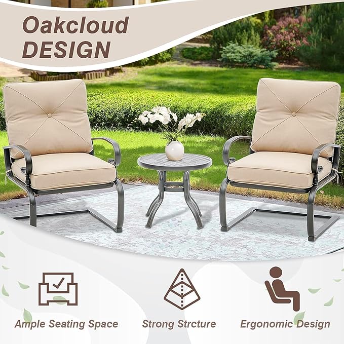 Oakcloud 4-Piece Outdoor Metal Furniture Sets Patio Conversation Set Wrought Iron Glider, 2 Spring Lounge Chairs and Round Side Table, Brown