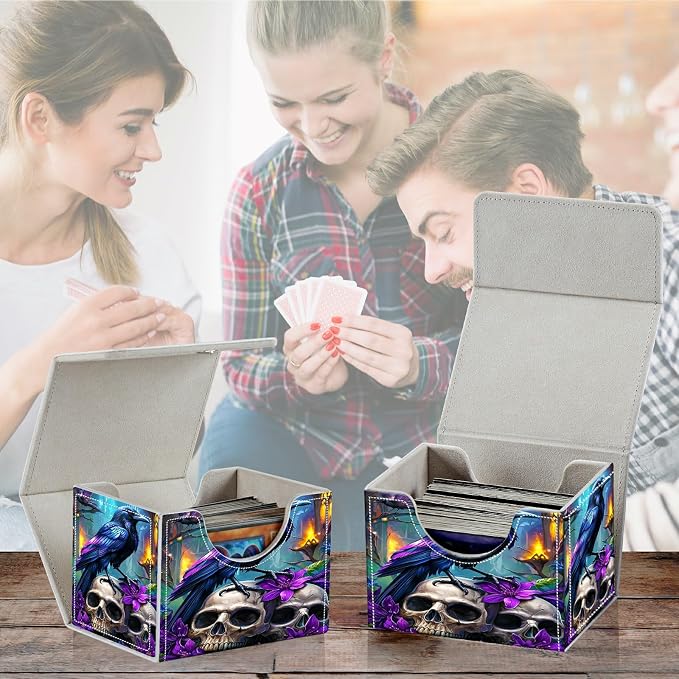 Card Deck Box for MTG, Cards Storage Box Fits 120+ Sleeved, Leather Small Size Strong Magnetic Closing Card Case for Board Games Magic TCG CCG Baseball Collection, Purple Flower Eagle