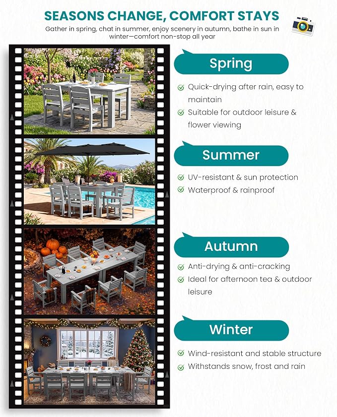 SERWALL 59" Outdoor Dining Set for 6, Light Gray | Include 1 Rectangular Dining Table and 6 Armless Chairs, All Weather Dining Sets for Garden, Backyard