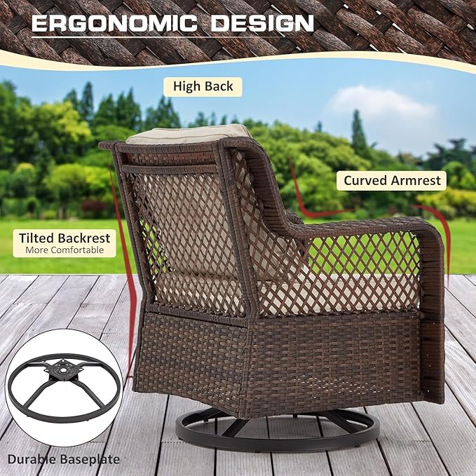 6 Pieces Wicker Patio Furniture Set Conversations Sets, 2 Outdoor 360° Swivel Chairs, Patio Swivel Chair with Table and Ottoman for Garden, Poolside, Backyard (Beige)