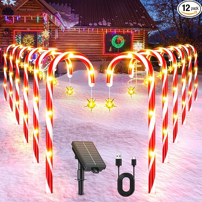 BUCASA 12 Pack Christmas Decorations Outdoor Solar Candy Cane Lights, Solar Christmas Pathway Lights with USB Charge, 10 Modes 72 LEDs Waterproof Outdoor Christmas Decorations for Garden Yard Pathway
