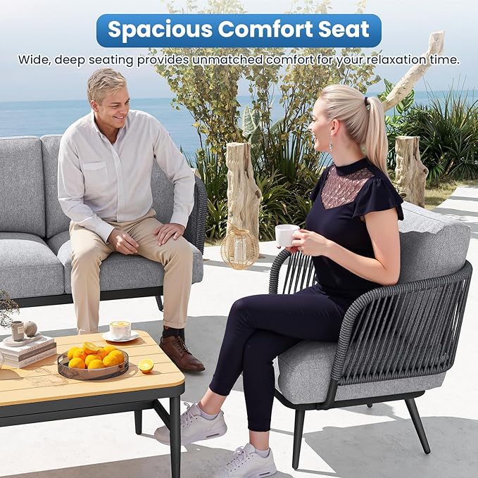 Outdoor Patio Furniture Set 5-Piece, Outdoor 4-Seat Sofa with Coffee Table, Waterproof Thick Cushion Patio Conversation Set, All Weather Outdoor Couch Set for Deck, Lawn, Balcony, Porch
