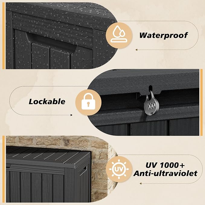 Fancyango 90 Gallon Outdoor Deck Box Waterproof, Large Storage Box for Patio, Resin Storage Bench Lockable for Garden Tools, Package Delivery, Black