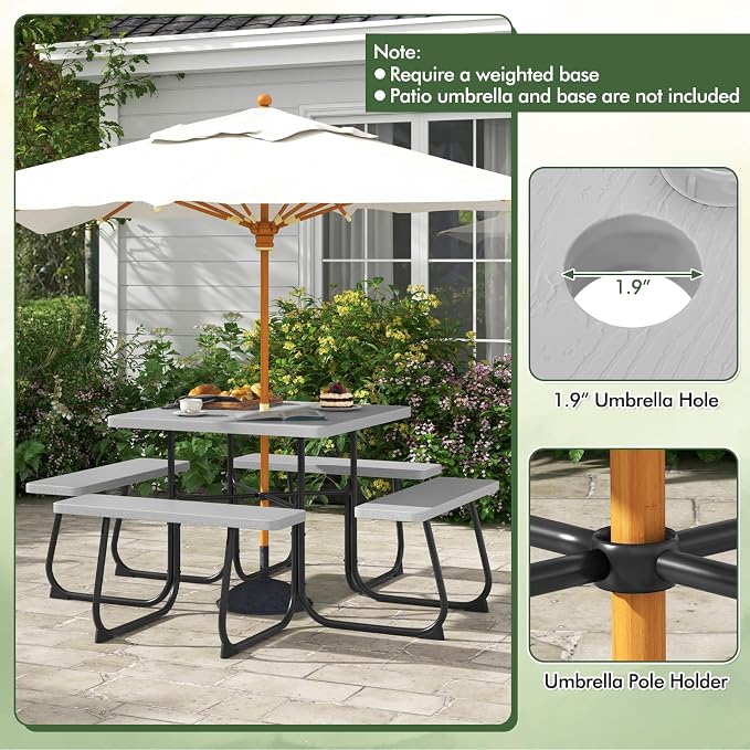 Square Picnic Table for 8 Person, Outside Table Bench Set w/ 4 Built-in Benches, Umbrella Hole, HDPE Top & Metal Frame, 2000LBS Capacity Outdoor Picnic Table for Garden, Porch, Patio (Grey)