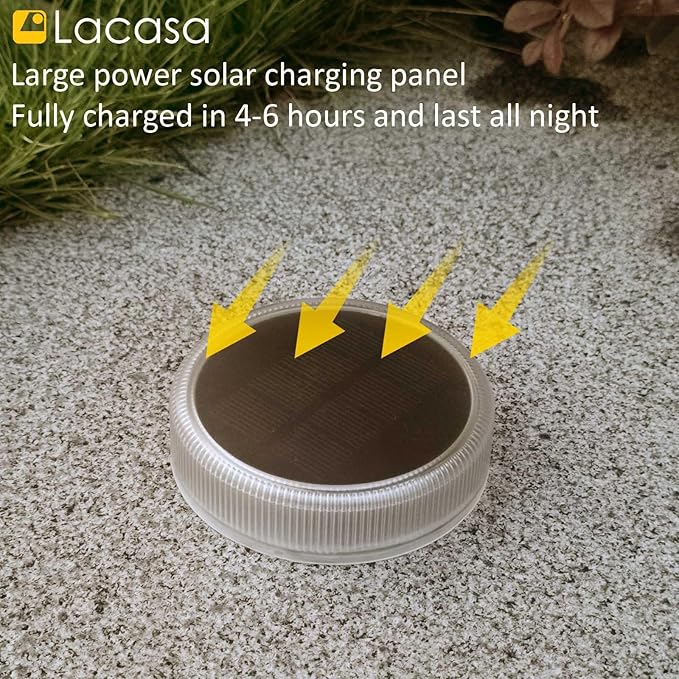 Lacasa 4-Pack Solar Deck Lights Outdoor Waterproof LED, Garden Step Lights Solar Powered Driveway Dock Lights Marine, Dusk to Dawn Lighting for Yard Patio Pathway, Round, Warm White