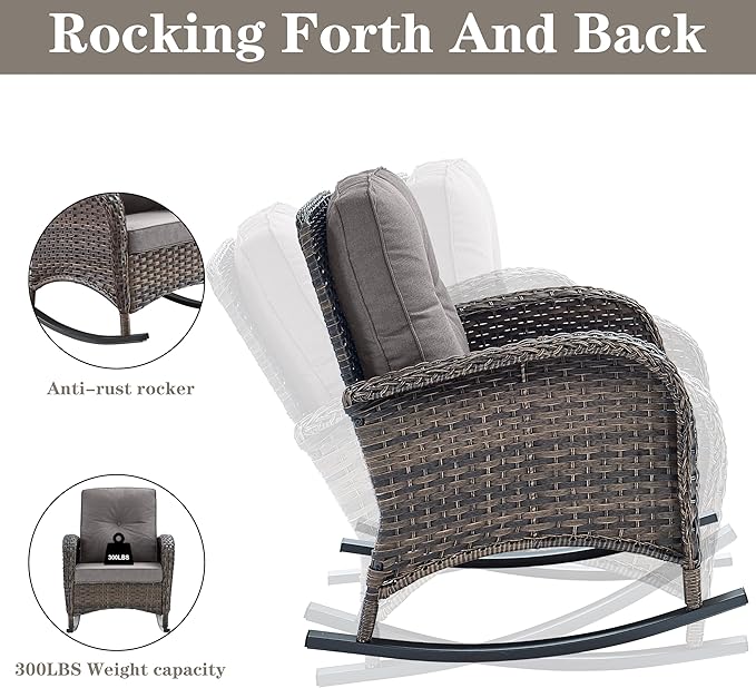 Belord Patio Rocking Chairs Furniture Set of 6, Outdoor Wicker Furniture Sets with Wicker Rocker, Small Patio Conversation Sets with Outdoor Couch Ottomans Brown/Grey