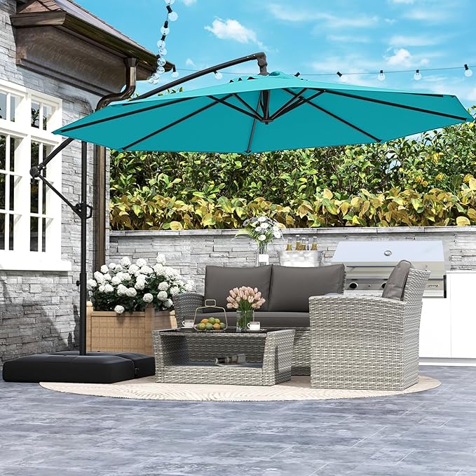 Tangkula 10ft Patio Umbrella with Base Included, Offset Cantilever Outdoor Umbrella with Infinite Tilt, 360 Degree Rotation, Crank Handle, Sun-Protective Canopy for Pool Deck Garden Backyard (Turquoise)