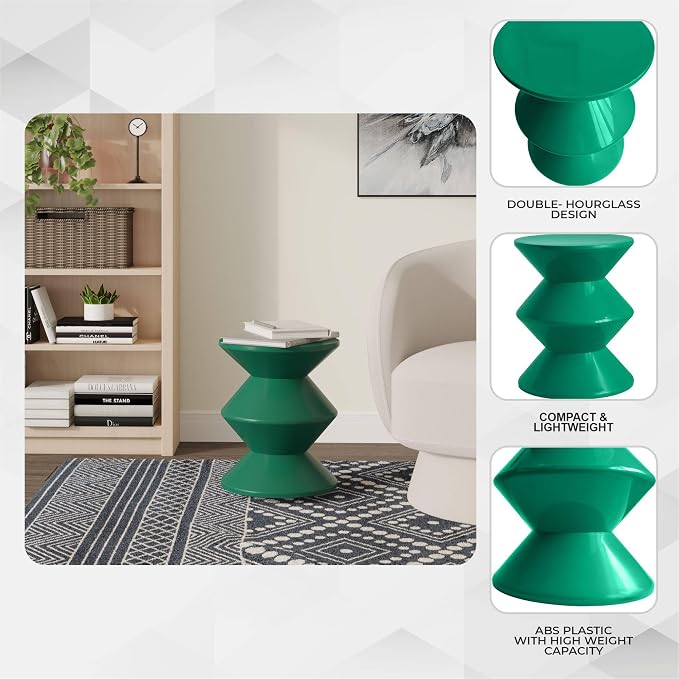 LeisureMod Aura Collection Modern Round Side Table - Green ABS Plastic Double-Hourglass Pedestal - No Assembly Weatherproof Accent Furniture for Living Room, Patio & Outdoor Decor