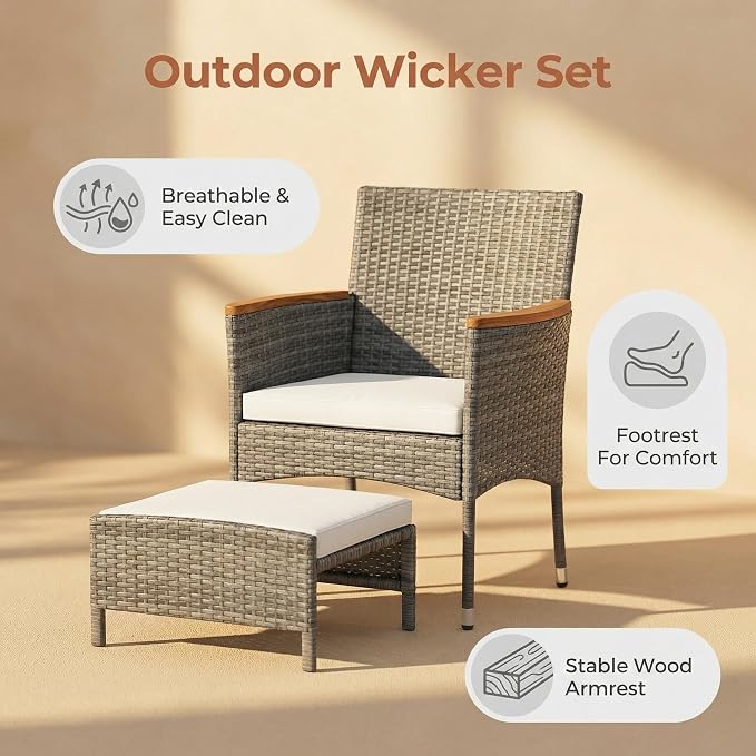 5Pcs Patio Furniture Sets Rattan Patio Chair Set of 5 Outdoor with Coffee Glass Table & Ottoman for Yard Backyard Lawn Porch Poolside Balcony (Grey)