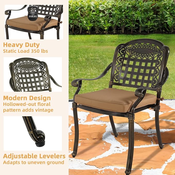 9-Piece Patio Furniture Dining Set, All Weather Cast Aluminum Outdoor Conversation Set- 61" Round Patio Dining Table with Detachable Lazy Susan & 8 Chairs, 2" Umbrella Hole, Khaki