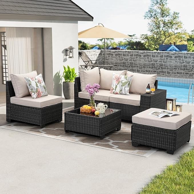 All Weather Outdoor Wicker Sectional Sofa Beige Rattan Conversation Seating with Tempered Glass Table Ottoman 5 Piece Patio Furniture Set for Porch Garden Backyard