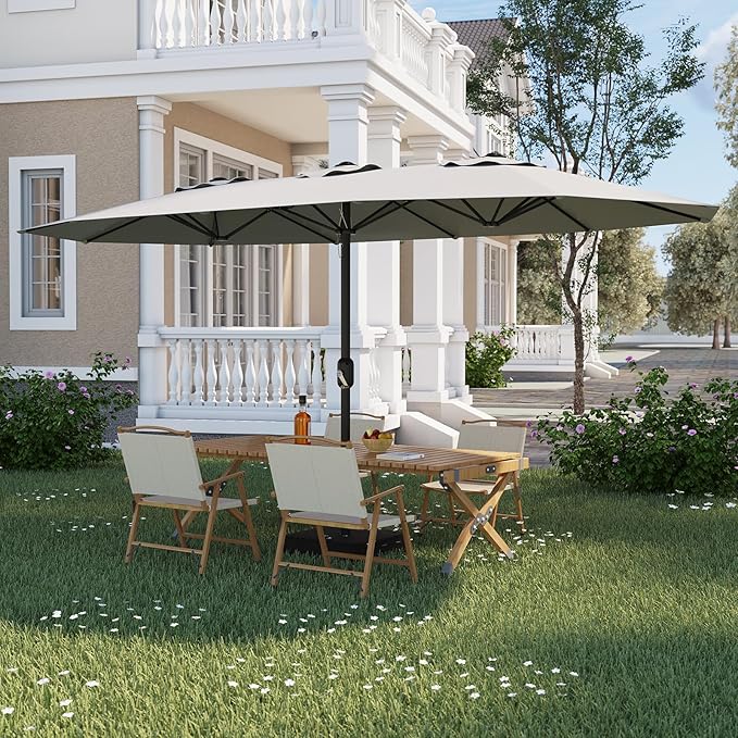15FT Extra Large Double-Sided Patio Umbrella with Solar LED Lights – Heavy-Duty Rectangular Outdoor Market Umbrella, Fade-Resistant UV Canopy, Included Base for Backyard, Pool, Deck, Garden – Beige/Mist Blue