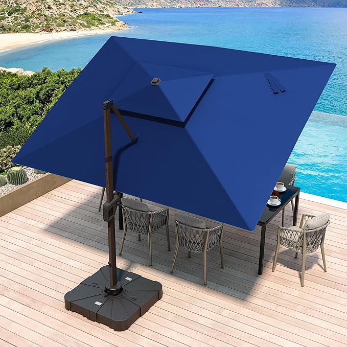JZAC & QZYD 10X13 FT Outdoor Cantilever Patio Umbrella with Base Included and LED Lights, Large Heavy Duty 2-Tier Aluminum Offset Umbrellas with 360-Degree Rotation for Pool Deck, Navy