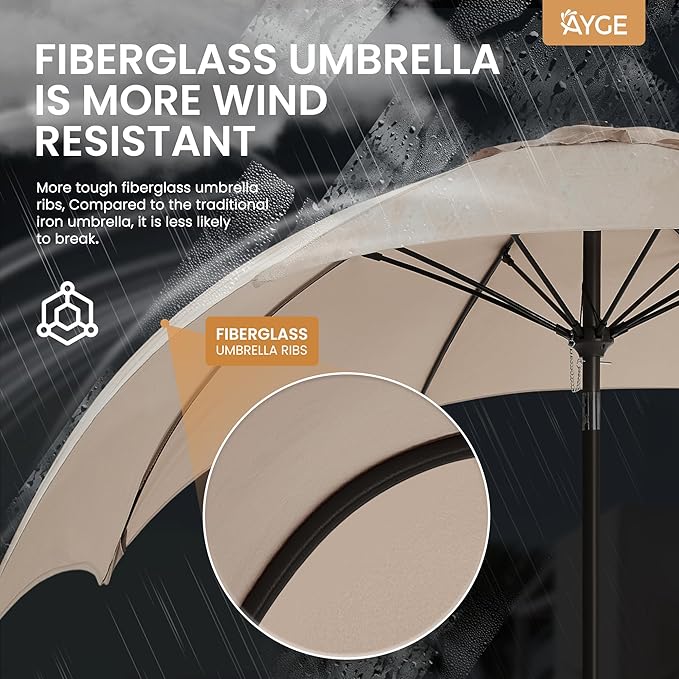 Ayge 7.5FT Large Outdoor Patio Umbrella Market Table Umbrella-UV Resistant, Easy Push Button Tilt and Crank, 6 Sturdy Fiberglass Ribs Heavy-Duty Pool Umbrella for Deck, Backyard,Garden, Yard,Beige