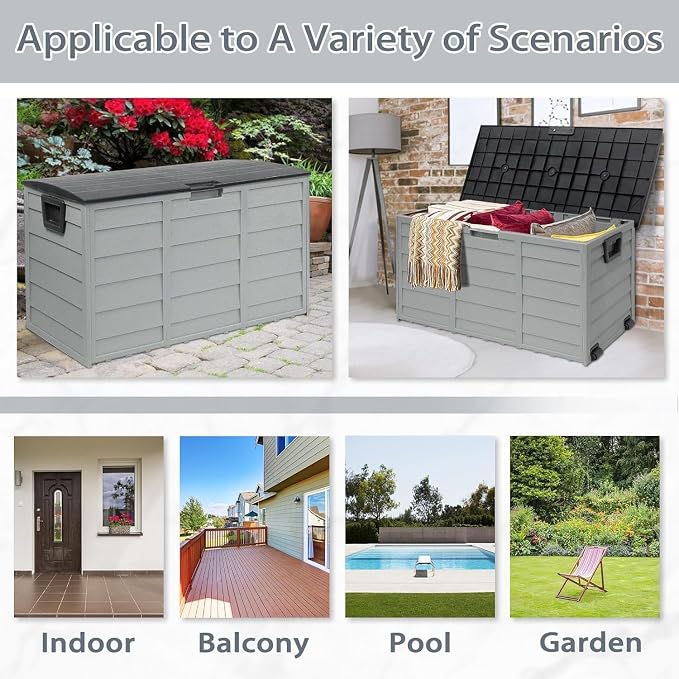 75 Gallon Deck Storage Box Resin Outdoor Storage Container with Handles for Patio Garden Yard(Grey)