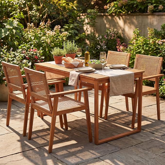 COSTWAY Outdoor Dining Set for 4, 5 Pieces Acacia Wood Table and Armchairs Set with Rattan Backrest and Seat, Adjustable Foot Pads for Patio, Backyard, Deck, Poolside
