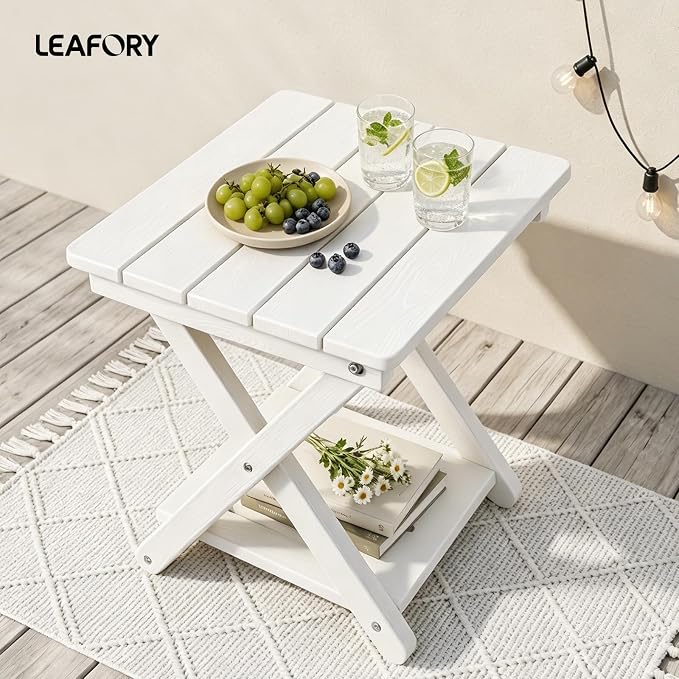 Folding Outdoor Side Table, 2-Tier Storage Heavy Duty HDPE Patio End Table | No Assembly, Weather Resistant, Wood-grain Texture, Easy to Clean, White Porch table