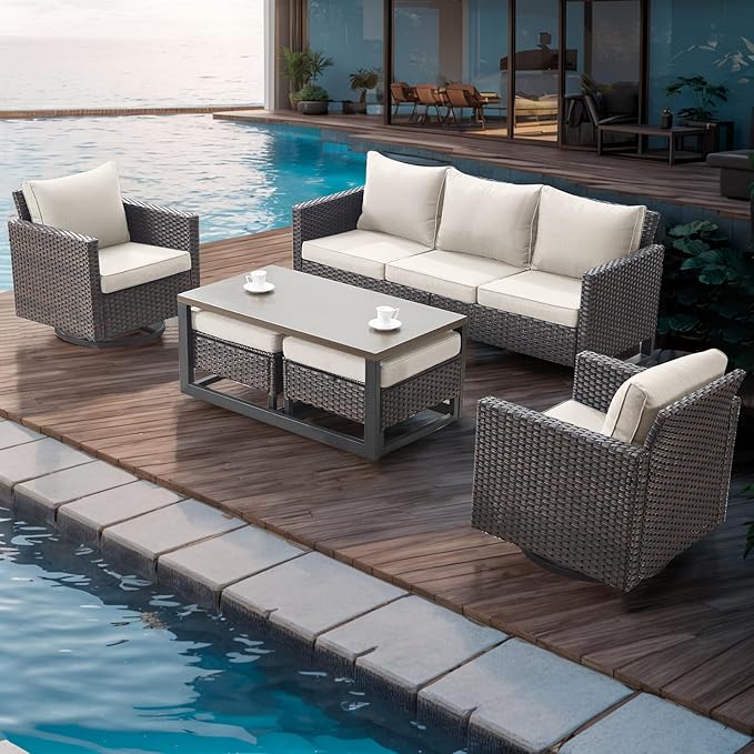 Rilyson Wicker Outdoor Patio Furniture Set - 6 Piece Patio Conversation Set with 2 Swivel Rocker Chairs,2 Rattan Ottoman,1 Couch and 1 Metal Coffee Table for Outside Porch Deck Backyard(Brown/Beige)