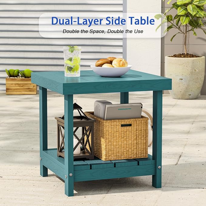 2-Tier HDPE Outdoor Square Side Table, Heavy-Duty Patio Side Table with Storage Shelf, Weather-Resistant Adirondack End Tables for Backyard, Pool, Porch, Garden, Lawn, Lake Blue