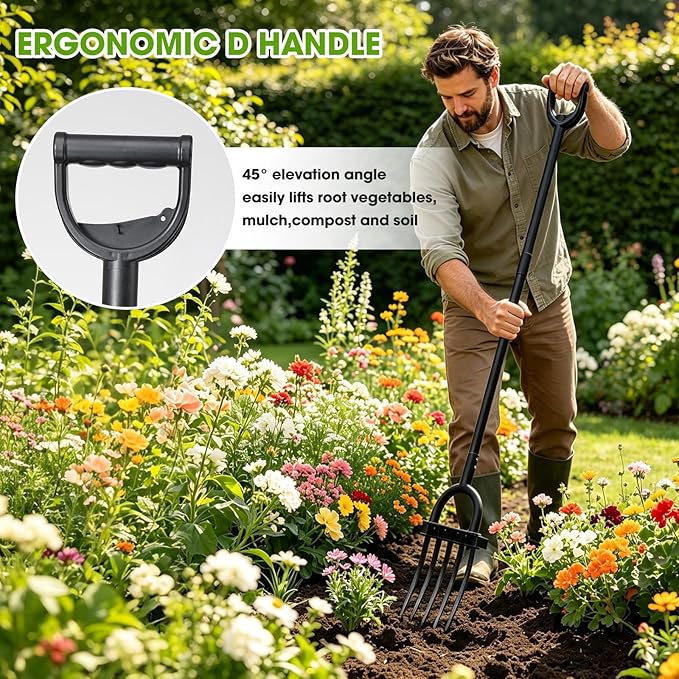 Broad Fork Garden Tool, 55" Heavy Duty 4 Sharp Tines BroadFork Hand Tiller Garden Pitchfork with Ergonomic Handles for Spading Digging Fork Gardening Cultivating Composting and Loosening