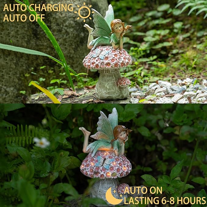 Suyorpe Fairy Outdoor Statue Solar Powered Resin Ornaments, Patio Lawn Yard Porch, Fairy Figurines for Home Garden Gifts, 8.66 Inches Tall