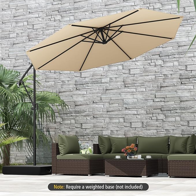 Tangkula 10 FT Patio Offset Umbrella, Hanging Cantilever Umbrella w/X-shaped Base & 360° Rotation, Smooth Crank Handle, Vented Top, Outdoor Market Umbrella for Backyard, Deck (Beige)