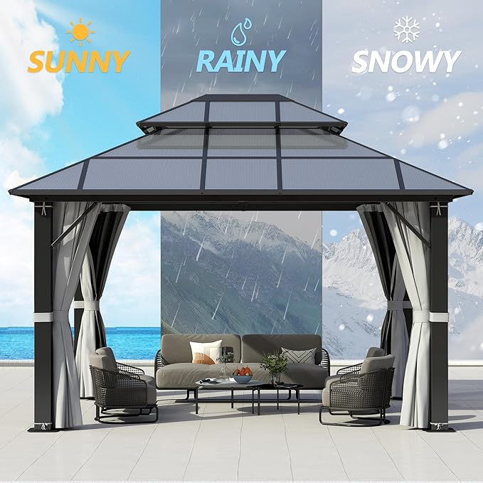 GARTOO 10x12FT Polycarbonate Hardtop Gazebo with Double Roof - Heavy-Duty Steel Frame Gazebo with Breathable Netting & Privacy Curtain for Patio, Porch, Garden, Lawn, Deck, Backyard