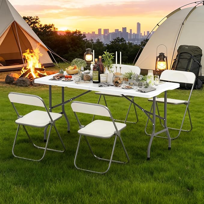 Giantex 5 FT Folding Table, HDPE Foldable Dining Table for 6, Indoor Outdoor Use for Party Banquet Wedding Picnic Camping BBQ, Fold-in-Half Portable Space Saving Design (White)