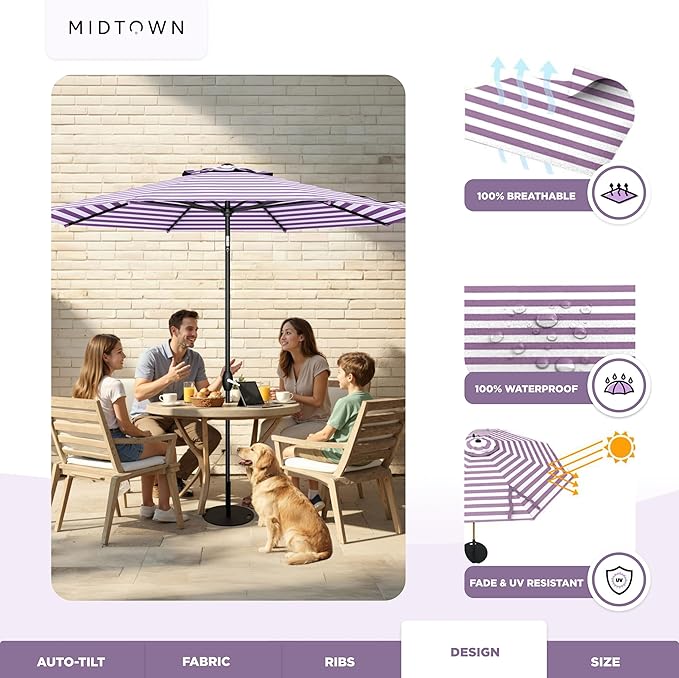 Midtown Umbrellas - 10-Year-No-Fade 9 Ft Patio Umbrella with Terylast Fabric, Auto-Tilt Aluminum Frame and 8 Reinforced Ribs for Deck, Pool, Garden & Beach - Purple Stripe Canopy, Black Pole