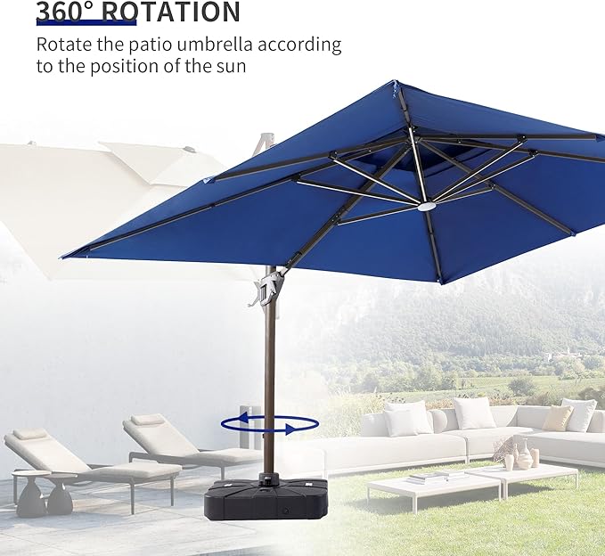 JZAC & QZYD 9x12 FT Outdoor Cantilever Patio Umbrella with Base Included and LED Lights, Large Heavy Duty 2-Tier Aluminum Offset Umbrellas with 360-Degree Rotation for Pool Deck, Navy