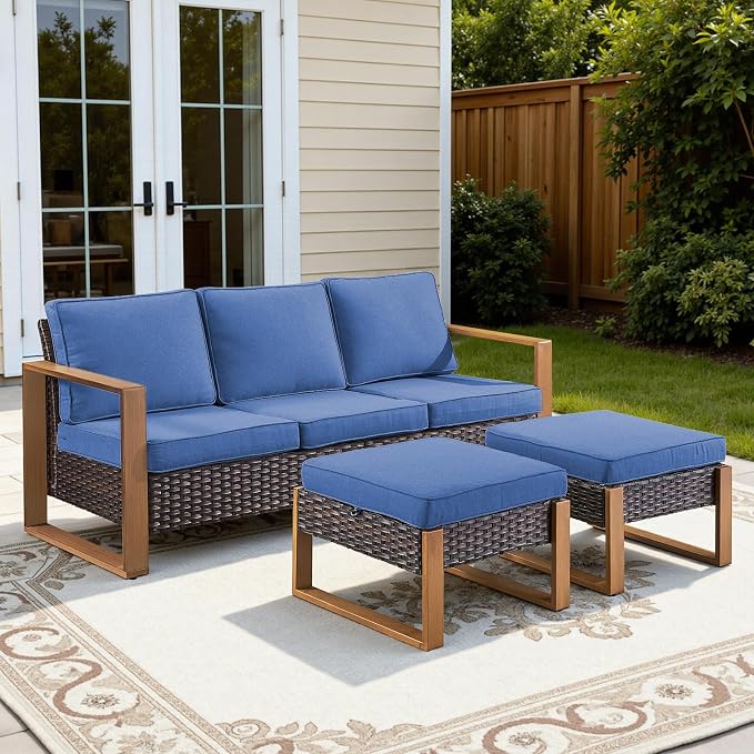 3 Pieces Patio Sofa Set with Metal Arm, High Back Wicker Sectional Outdoor Sofa with Ottomans, Outdoor Seating Furniture High Back Conversation Set for Balcony Deck Porch Backyard, Blue