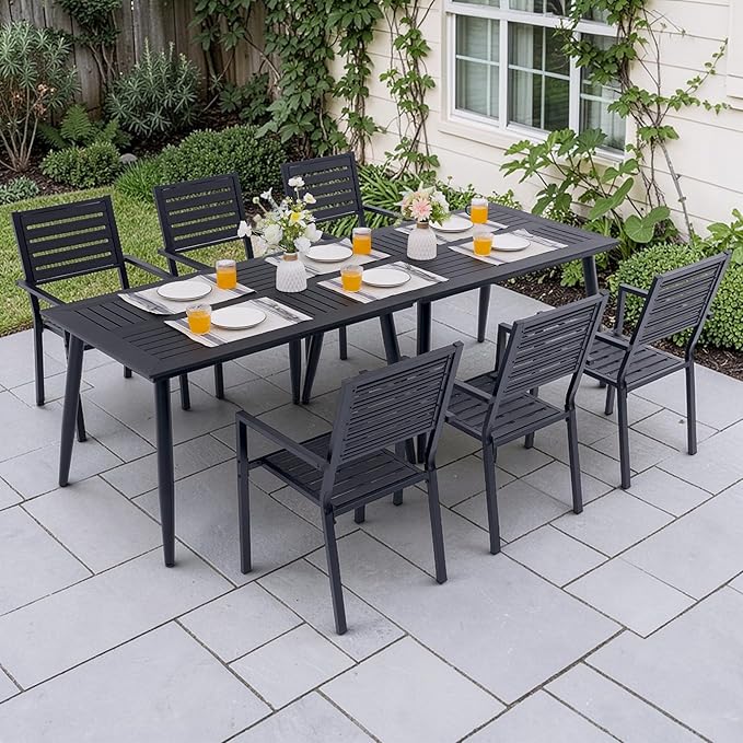 8-Piece Outdoor Dining Set - Two 47.25" HDPE Patio Tables and 6 Stackable Armrest Chairs - All-Weather Rust-Proof Steel Frame for Garden, Deck(Black)