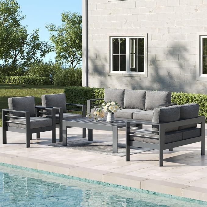 5 Pieces Aluminum Outdoor Patio Furniture Set with Coffee Table, Modern Metal Conversation Sofa Set with Deep Seating for Porch