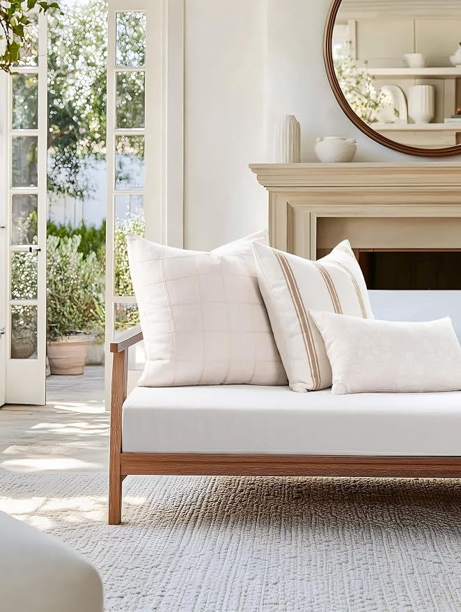 Modern Farmhouse Fall Linen Indoor Outdoor Throw Pillow Cover Only, 22"x22" Water Repellent for Patio, Backyard, Couch, Neutral Beige Plaid