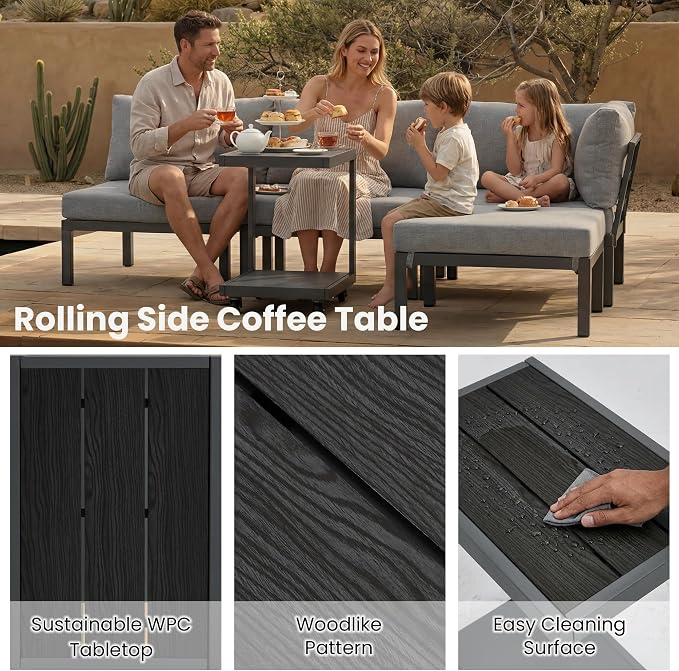 Patio Sectional Sofa Set for 4/5, All Weather Patio Furniture Set, Outdoor Patio Conversation Set with Cushions, Modular Patio Sofa Couch with Ottoman/Rolling Side Table for Fire Pit, Grey