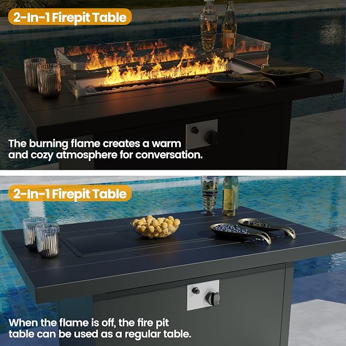 Aluminum Outdoor Patio Furniture Set,4 Pieces 5 Seats Patio Conversation Sets with 45" Propane Fire Pit Table,Metal Patio Sectional Furniture Set with Thick Cushion,Sand