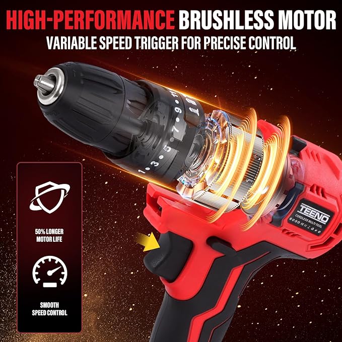 TEENO 20V Brushless Cordless Drill and Impact Driver Combo Kit, 2-in-1 Interchangeable Power Tool Set with 2x 1.5Ah Batteries, Fast Charger, 19 Pcs Drill Bits Accessories & Hard Storage Case