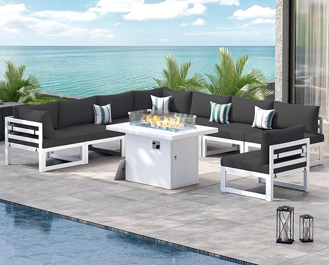 NICESOUL 9 Piece Modern Aluminum Patio Furniture Set with Fire Pit Table, 500 lbs Heavy Duty Outdoor Sectional Sofa, 29" Deep Wide Oversized Seating Conversation Couch for Garden Exterior, Dark Gray