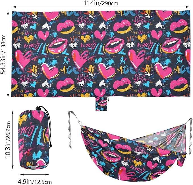 Camping Hammock Outdoor Hammocks for Outside Mouth Heart Graffiti Grunge Beach Trees Portable Lightweight with Pockets Tree Straps Indoor