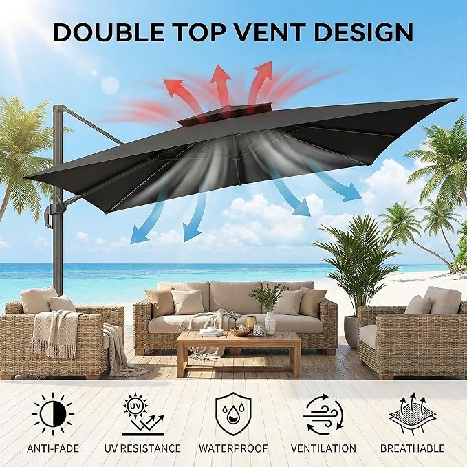 Hoteel Patio Umbrella - 10ft Cantilever Umbrella Outdoor for Patio, Offset Umbrellas with Double Top Vent, UV resistant, Large Table Umbrella on Clearance for Deck, Pool, Market, Backyard - Gray